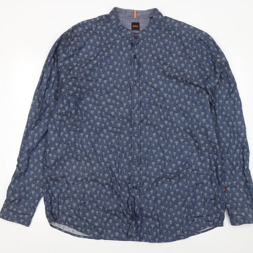 BOSS Men's Blue Regular Fit 3XL Band Collar Cotton Button-Up Shirt