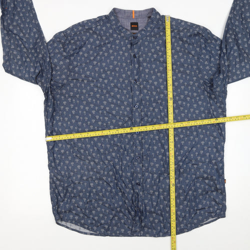 BOSS Men's Blue Regular Fit 3XL Band Collar Cotton Button-Up Shirt