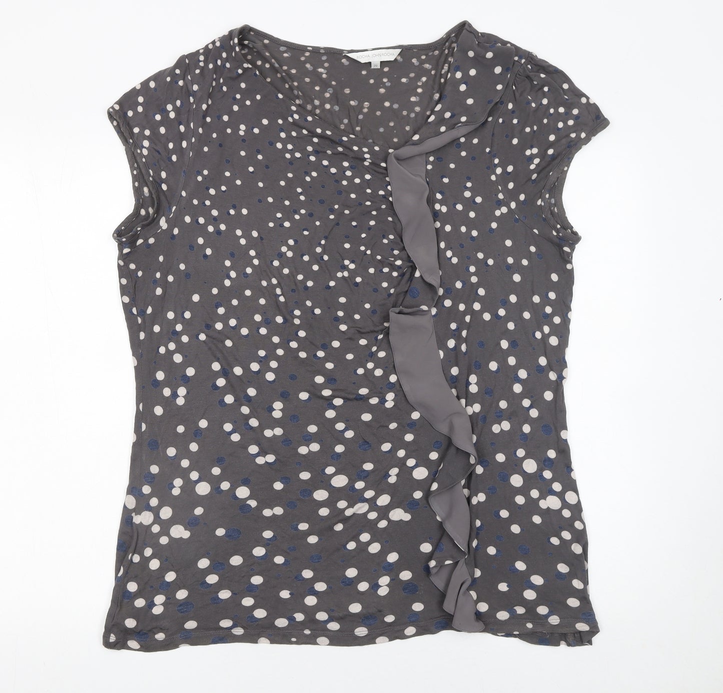John Rocha Womens Grey Polka Dot Ruffle V-Neck Tunic Blouse Size 20