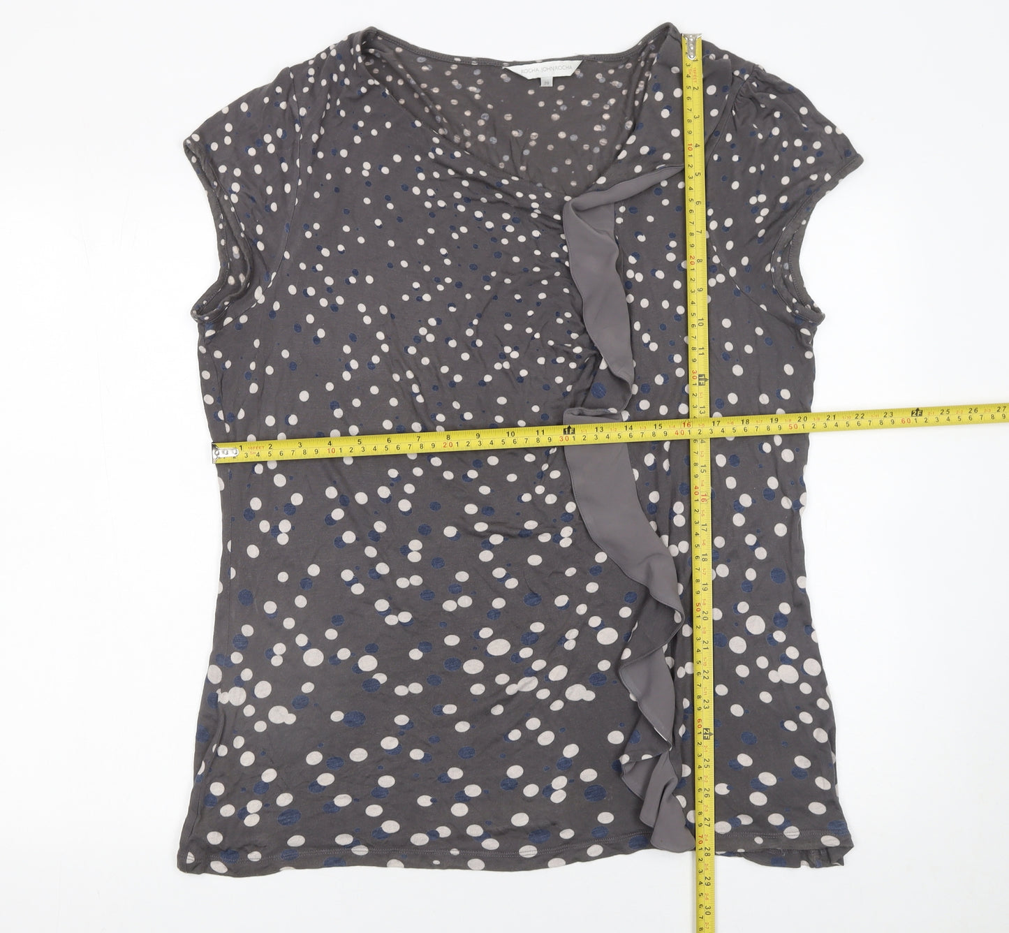 John Rocha Womens Grey Polka Dot Ruffle V-Neck Tunic Blouse Size 20