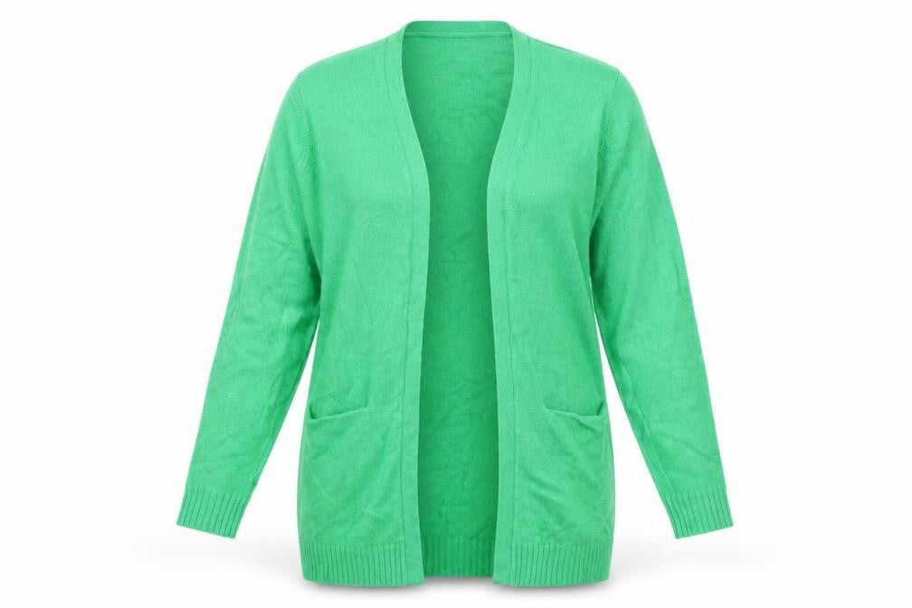Front view of VILA women’s green long sleeve open knit cardigan, size S