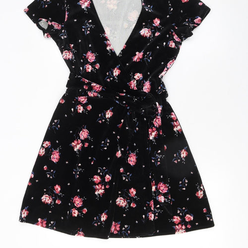 H&M Women’s Black Floral Velvet Wrap Mini Dress Size 8