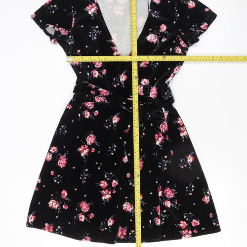 H&M Women’s Black Floral Velvet Wrap Mini Dress Size 8