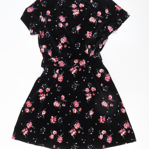 H&M Women’s Black Floral Velvet Wrap Mini Dress Size 8