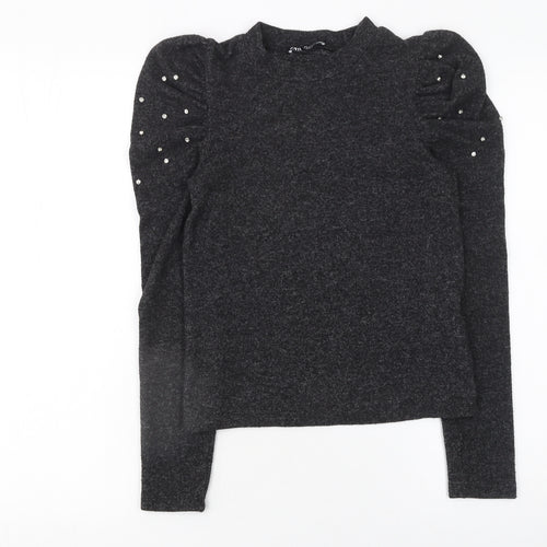 Zara Women Grey Beaded Puff Sleeve Mock Neck Jumper Size S