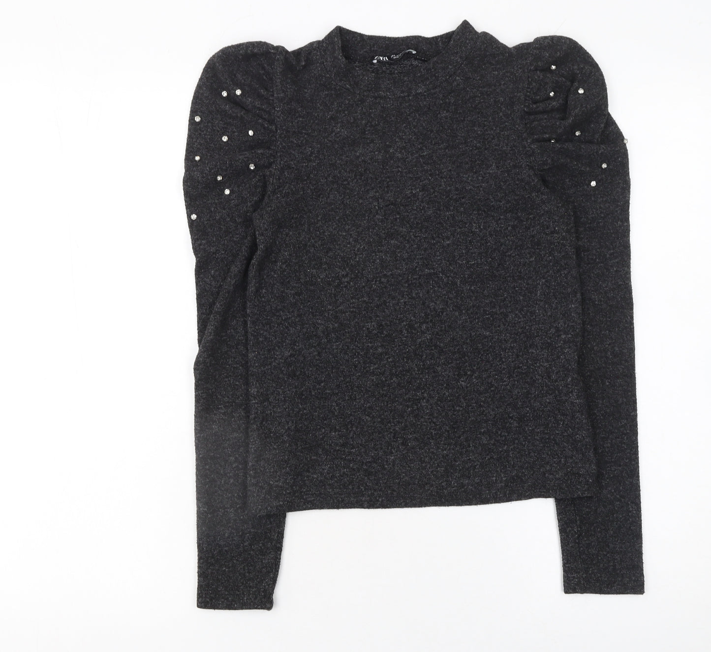 Zara Women Grey Beaded Puff Sleeve Mock Neck Jumper Size S