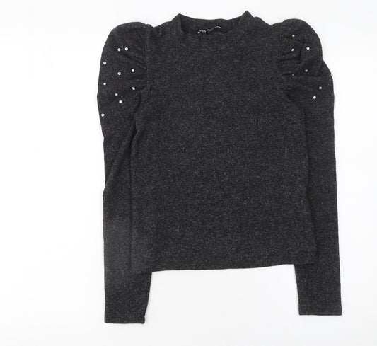 Zara Women Grey Beaded Puff Sleeve Mock Neck Jumper Size S