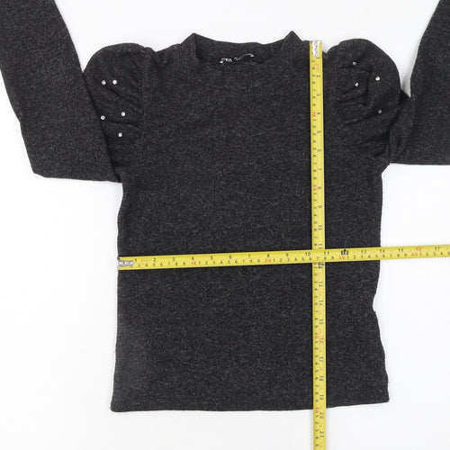 Zara Women Grey Beaded Puff Sleeve Mock Neck Jumper Size S