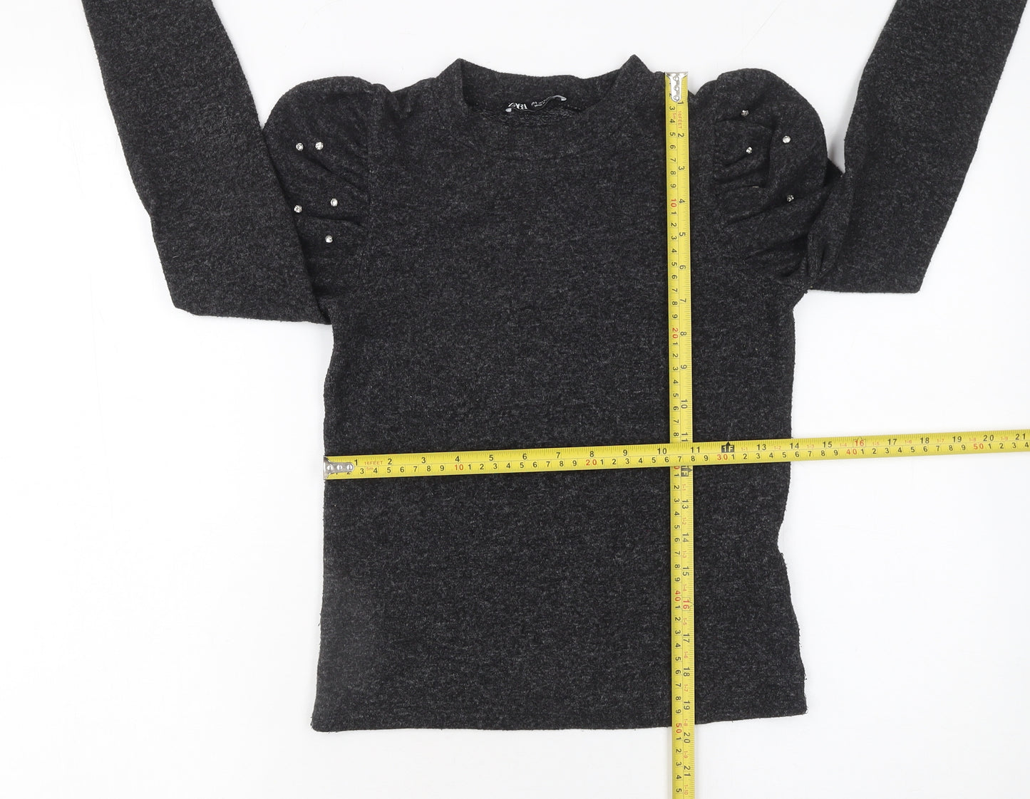 Zara Women Grey Beaded Puff Sleeve Mock Neck Jumper Size S