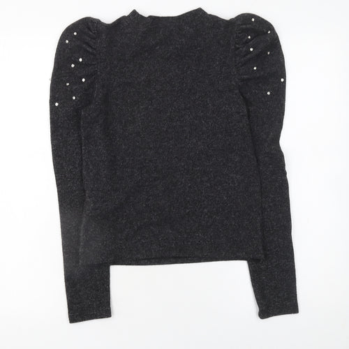 Zara Women Grey Beaded Puff Sleeve Mock Neck Jumper Size S