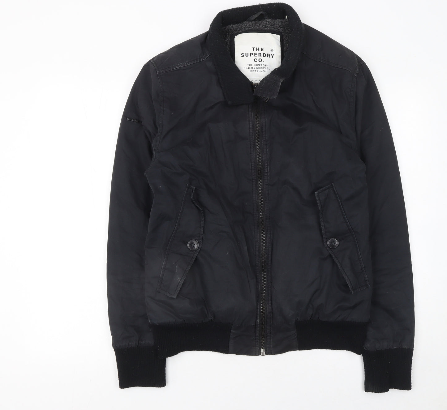 Superdry Men’s Black Bomber Jacket L Cotton Casual Zip Coat