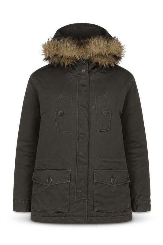 Front view of Springfield women’s green fur trim hooded parka jacket, size M