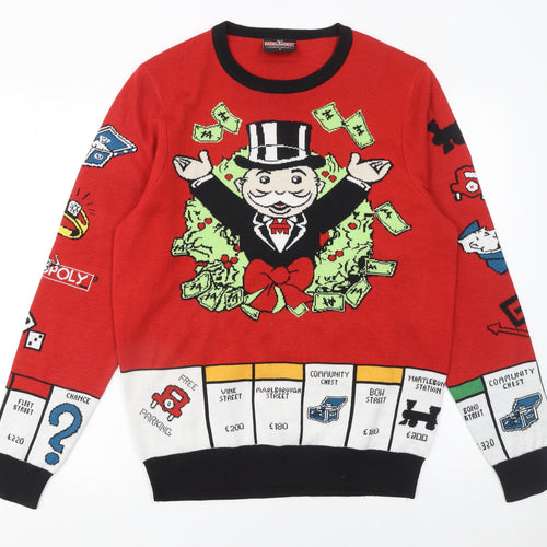 Monopoly Men's Red Graphic Knit Pullover Jumper Size M