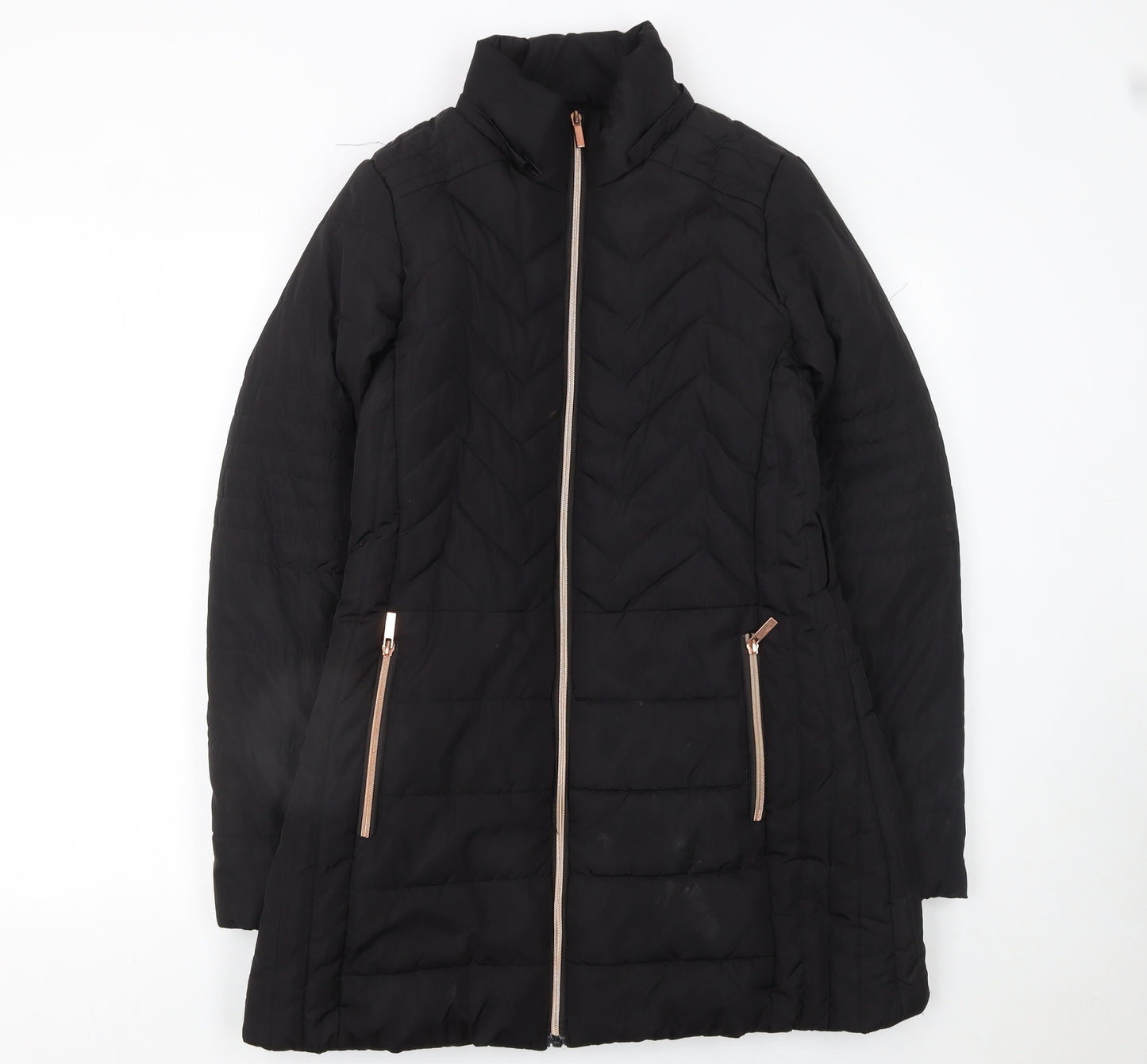 QED LDN Womens Black Mid-Length Puffer Jacket Size 8