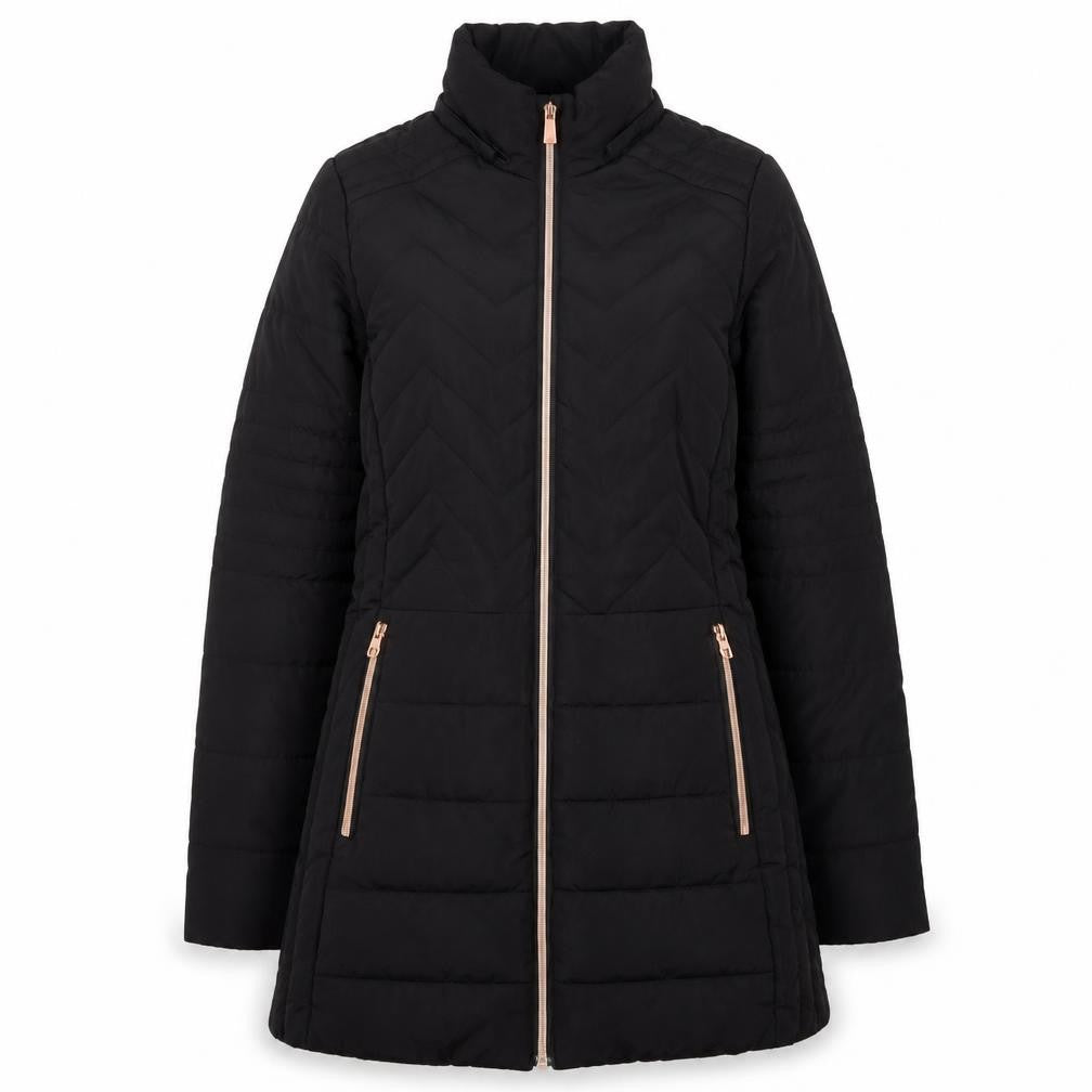 Front view of QED LDN women’s black mid-length puffer jacket, size UK 8