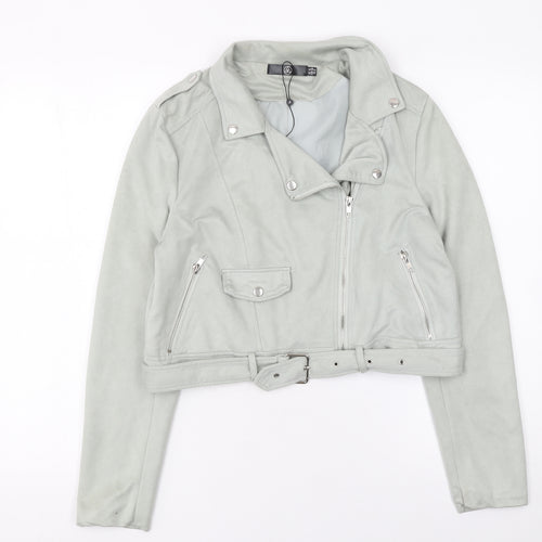 Missguided Women's Grey Faux Suede Biker Jacket Size 10 Cropped Belted