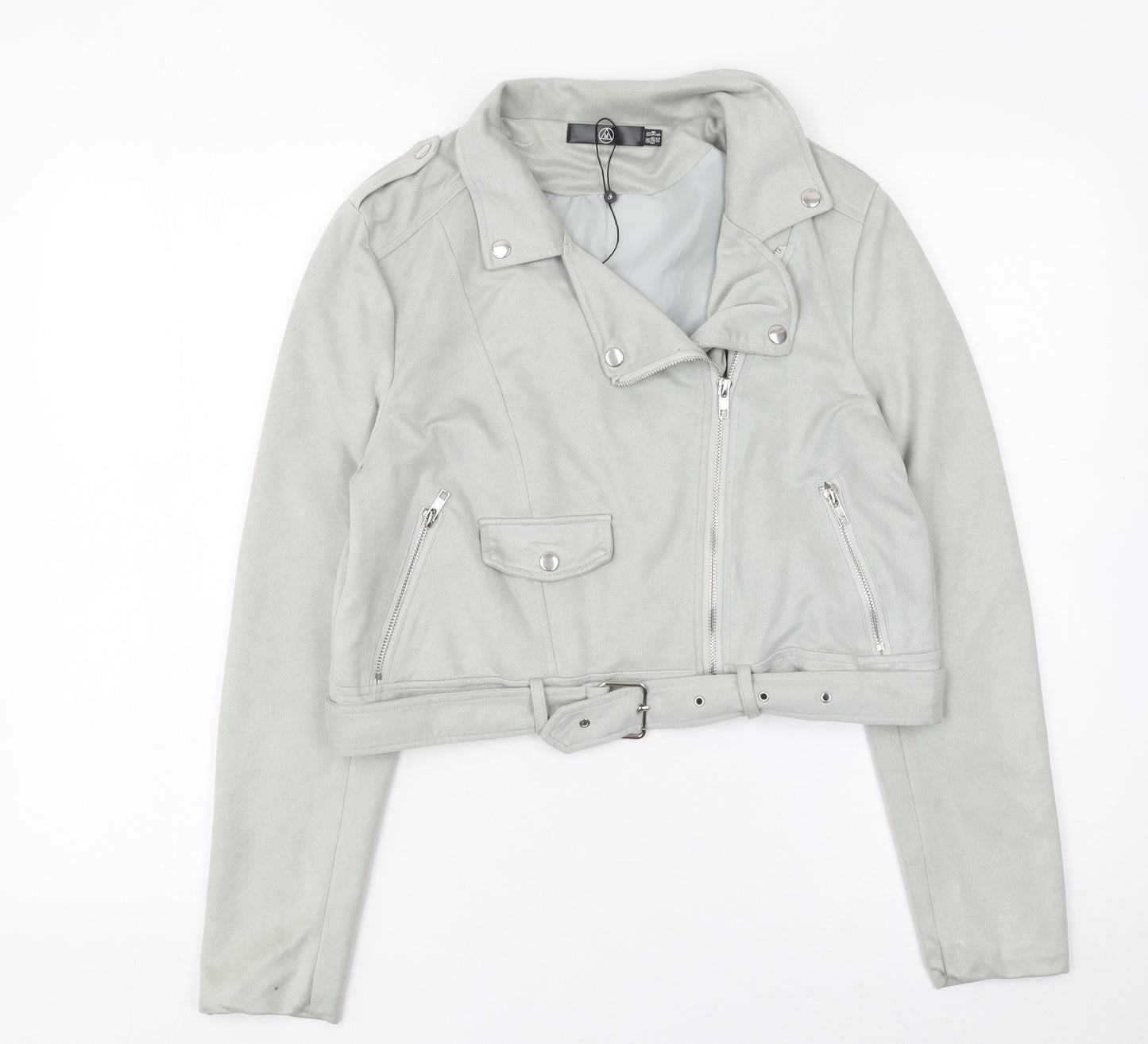 Missguided Women's Grey Faux Suede Biker Jacket Size 10 Cropped Belted
