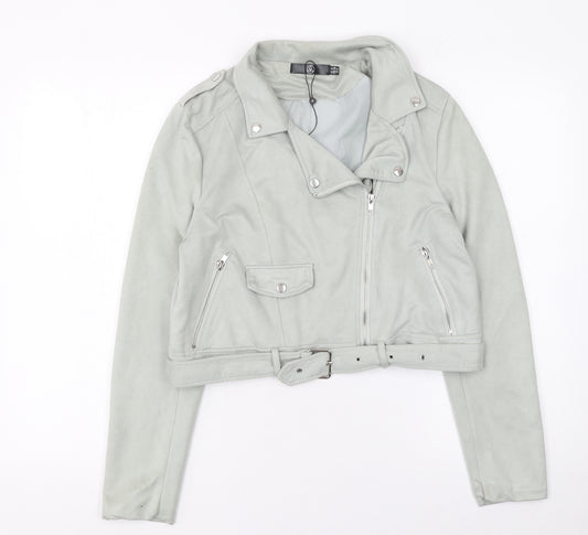 Missguided Women's Grey Faux Suede Biker Jacket Size 10 Cropped Belted