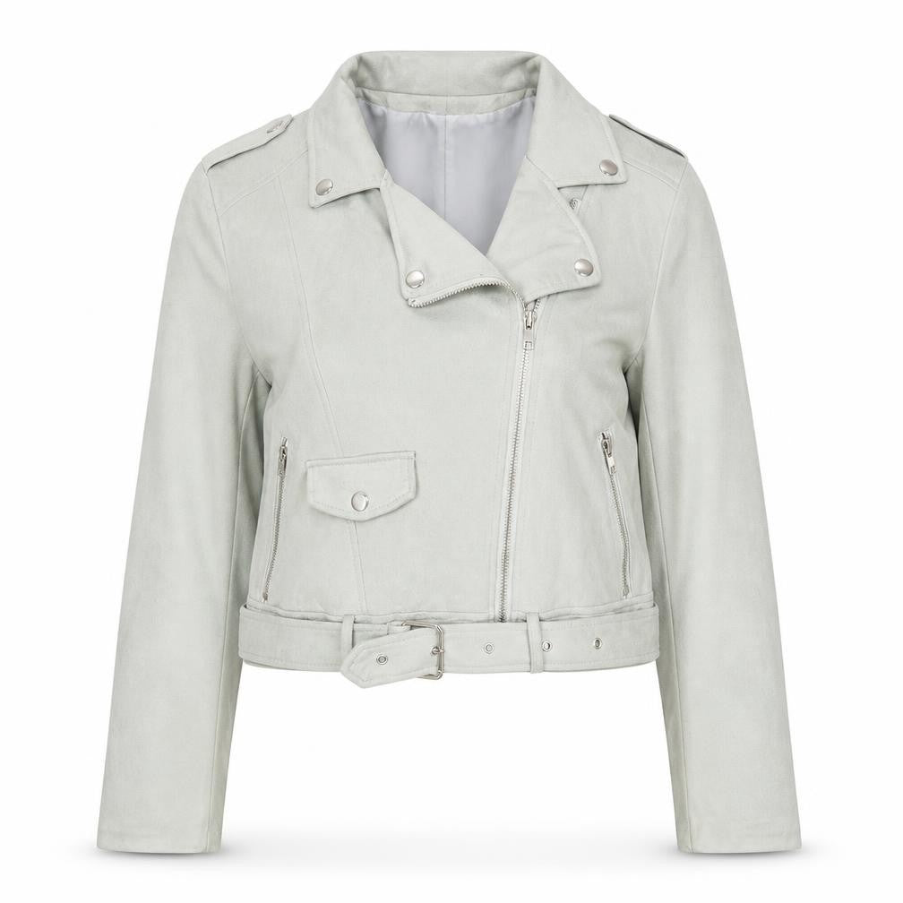 Missguided Women's Grey Faux Suede Biker Jacket Size 10 Cropped Belted