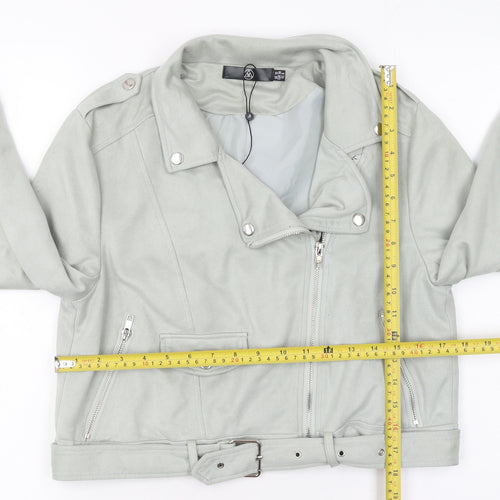 Missguided Women's Grey Faux Suede Biker Jacket Size 10 Cropped Belted
