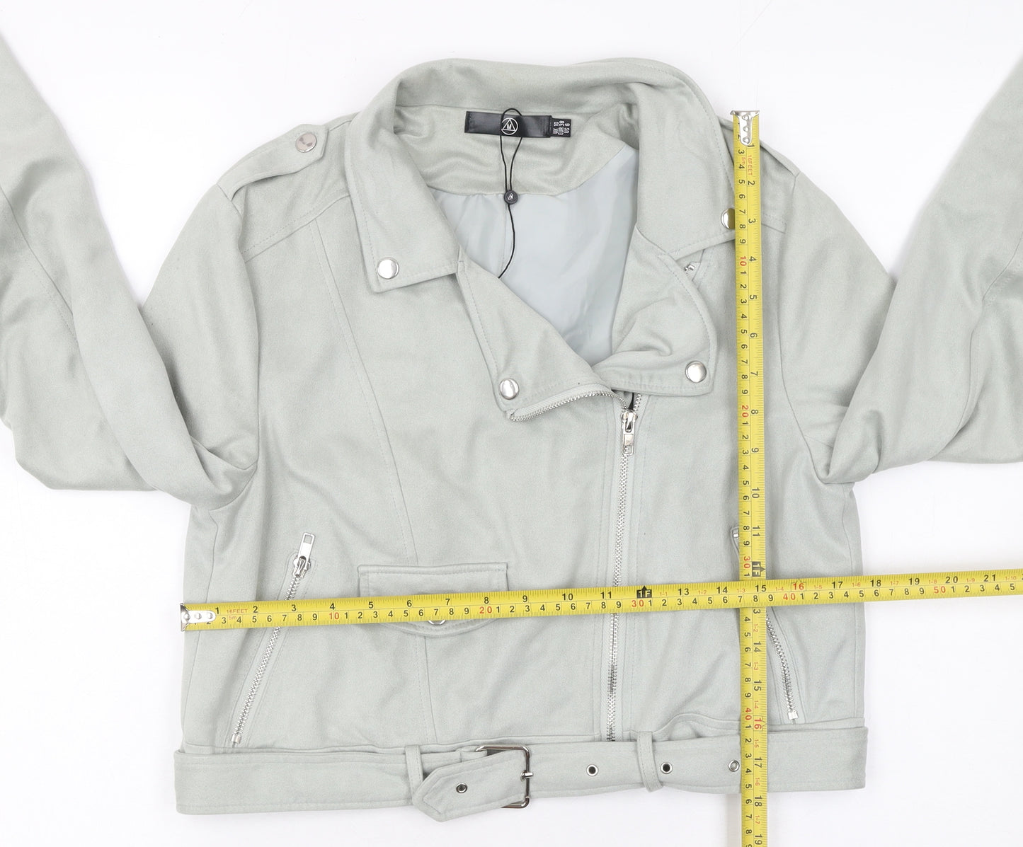 Missguided Women's Grey Faux Suede Biker Jacket Size 10 Cropped Belted