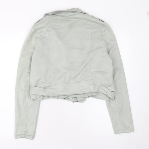 Missguided Women's Grey Faux Suede Biker Jacket Size 10 Cropped Belted