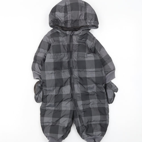 babyGap Unisex Baby Grey Check Puffer Snowsuit 6-12 Months Hooded Down Filled