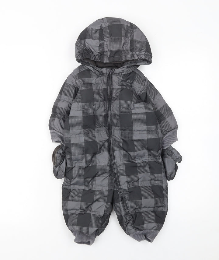 babyGap Unisex Baby Grey Check Puffer Snowsuit 6-12 Months Hooded Down Filled