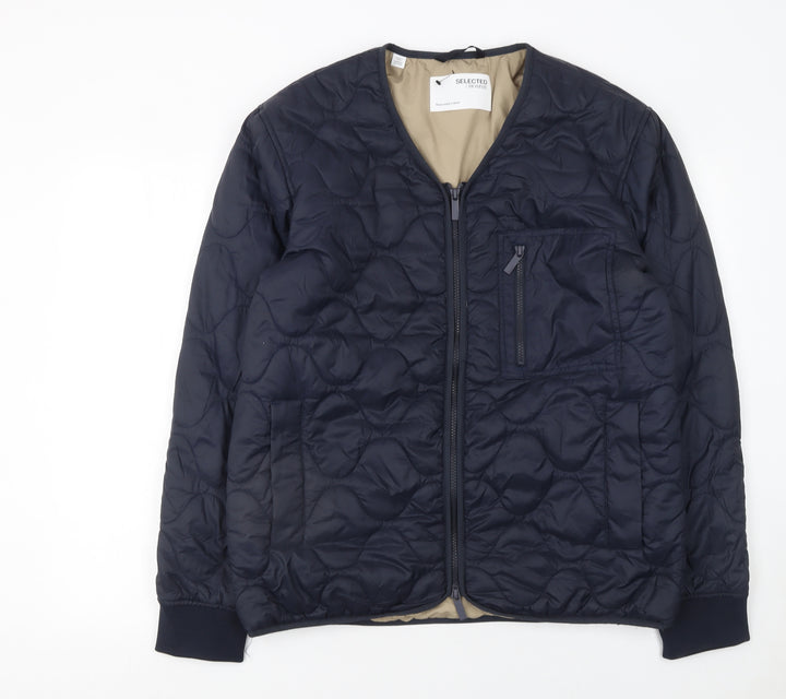 SELECTED HOMME Men’s Blue Quilted Zip Jacket L Regular Nylon