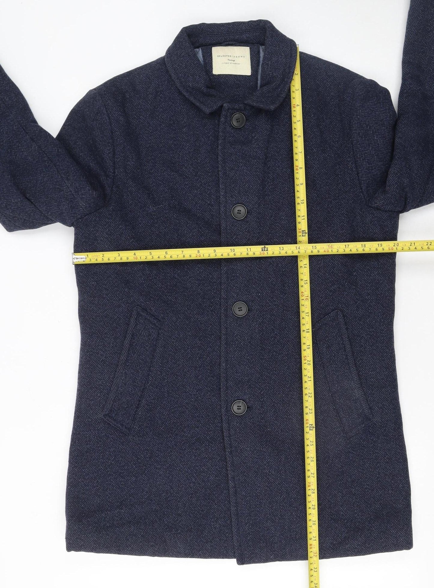 Selected Homme Men's Navy Wool Blend Mid-Length Coat Size M