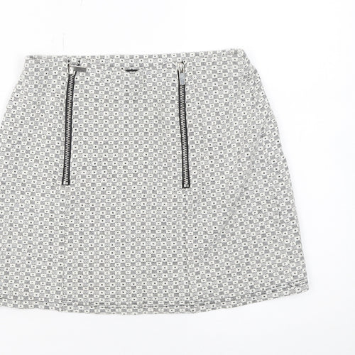 New Look Petite Grey Patterned Mini Skirt Size 6 with Zip Detail