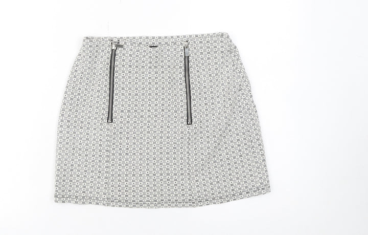 New Look Petite Grey Patterned Mini Skirt Size 6 with Zip Detail
