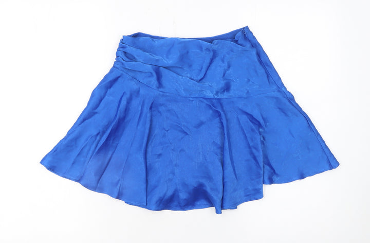 Zara Women Blue Flare Short Skirt XS Satin Polyester