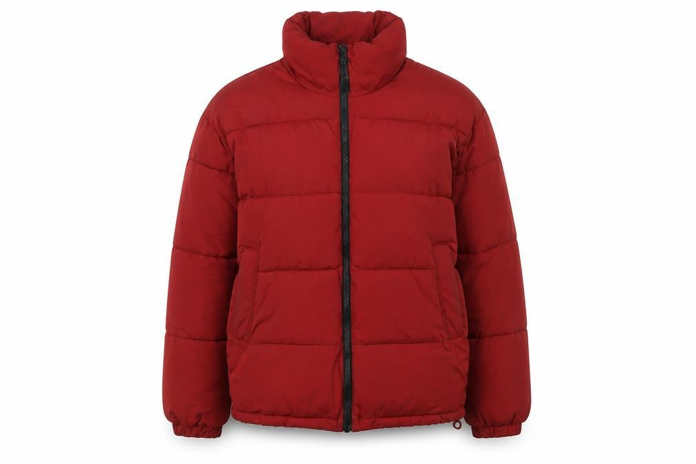 Front view of Urban Outfitters women’s red puffer jacket, size M, full zip winter coat