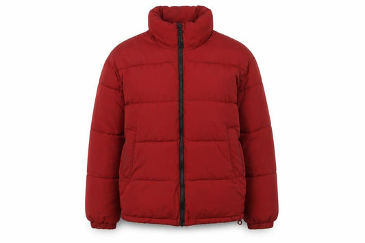 Front view of Urban Outfitters women’s red puffer jacket, size M, full zip winter coat
