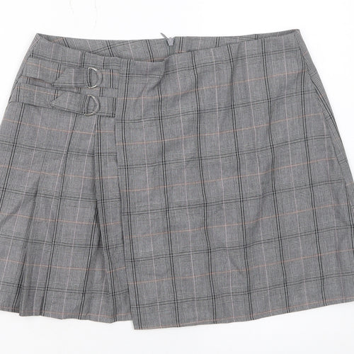Primark Women's Grey Check Pleated Buckle Skirt Size 12