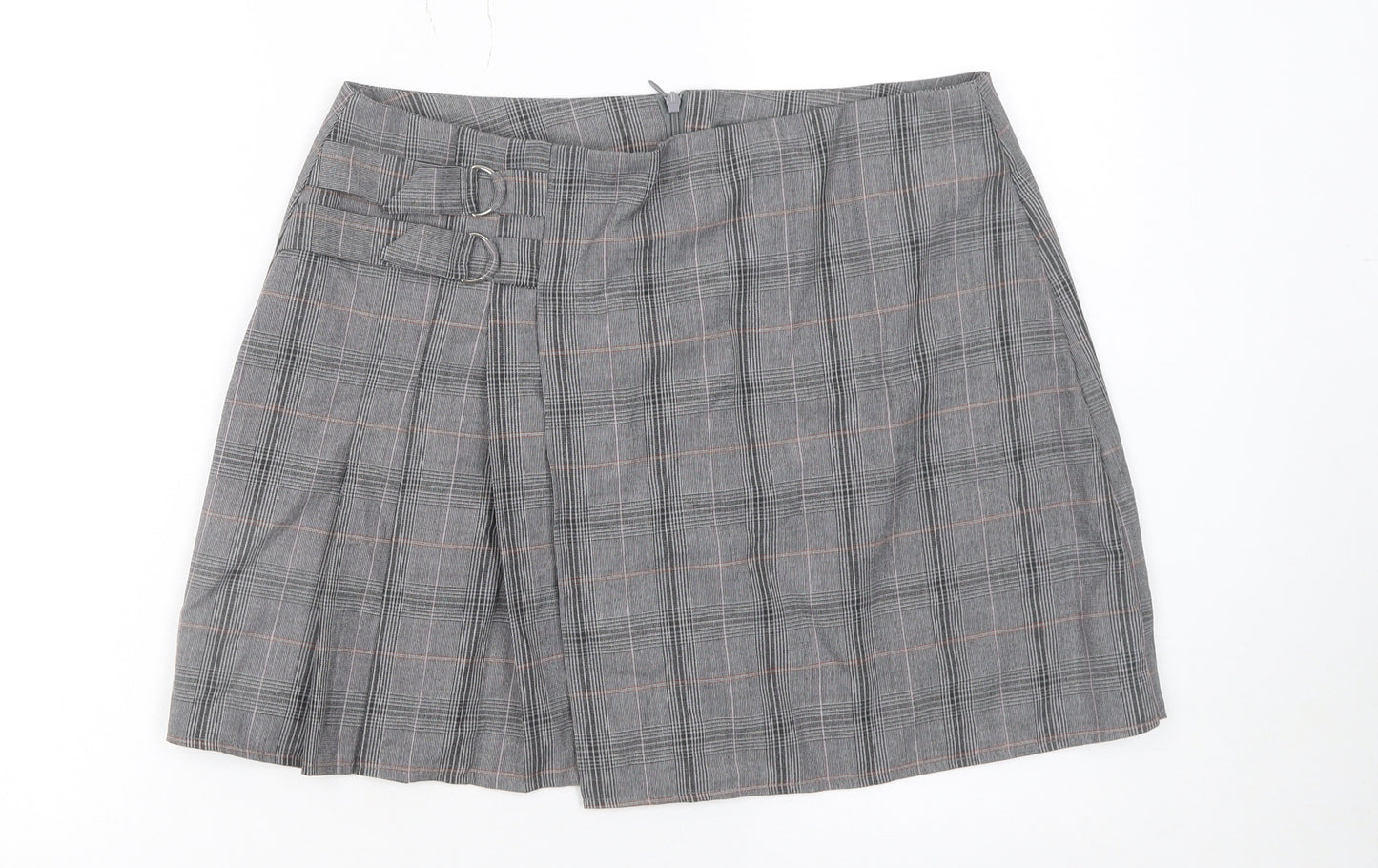 Primark Women's Grey Check Pleated Buckle Skirt Size 12