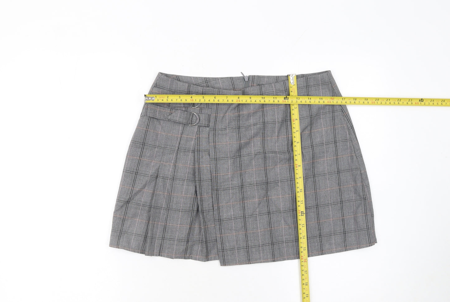 Primark Women's Grey Check Pleated Buckle Skirt Size 12