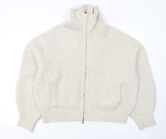 Marks and Spencer Women Beige Full Zip High Neck Chunky Knit Jumper L