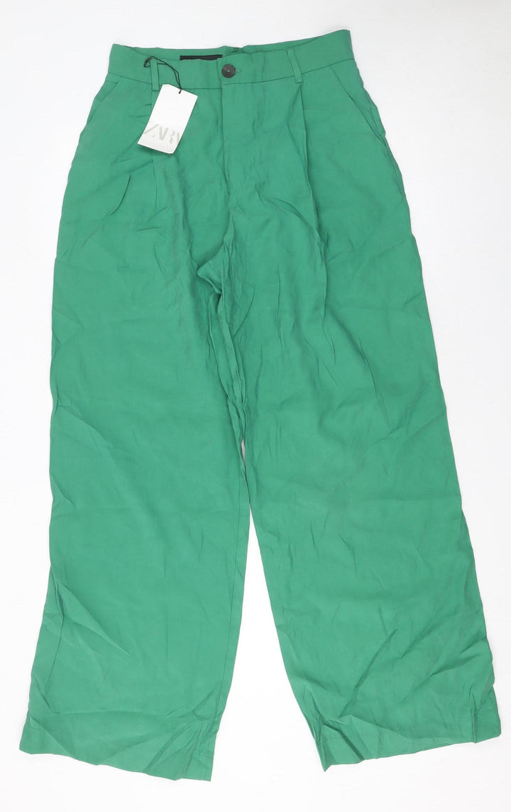 Zara Womens Green Wide-Leg High-Rise Pleated Trousers M