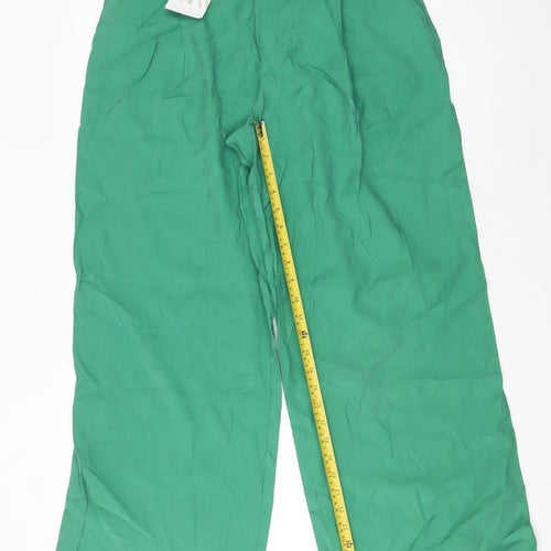 Zara Womens Green Wide-Leg High-Rise Pleated Trousers M