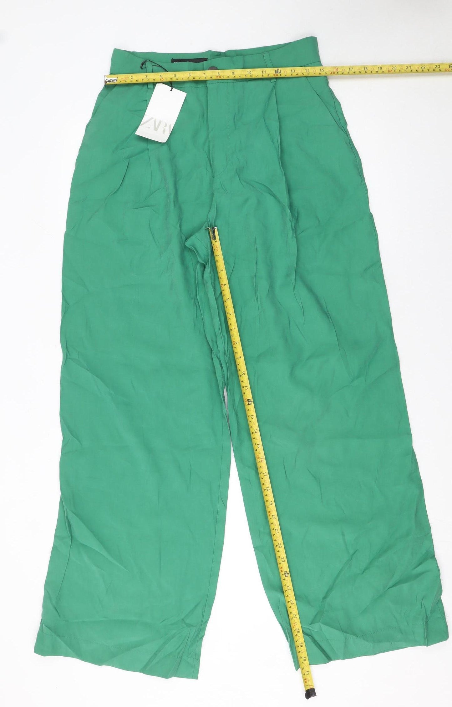 Zara Womens Green Wide-Leg High-Rise Pleated Trousers M