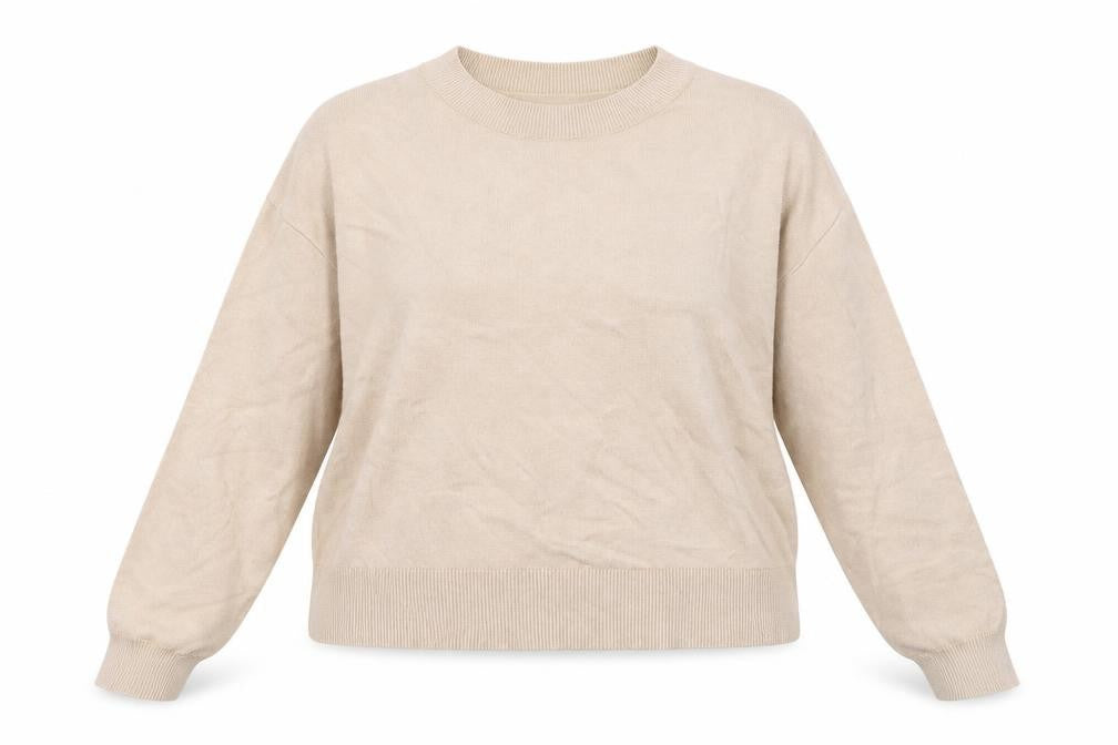 Front view of Savida women’s beige crew neck lightweight jumper, size L