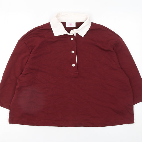 Savida Women Red Polo Collared 3/4 Sleeve Cotton Blend Top Size L