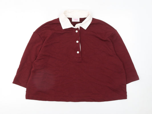 Savida Women Red Polo Collared 3/4 Sleeve Cotton Blend Top Size L