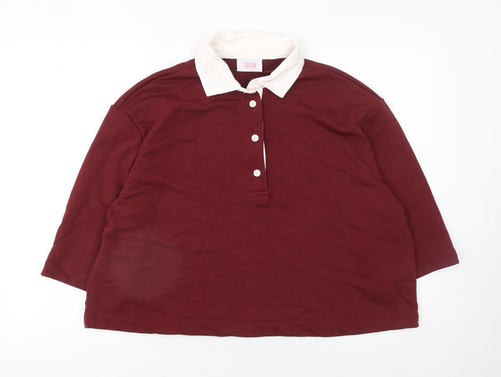 Savida Women Red Polo Collared 3/4 Sleeve Cotton Blend Top Size L