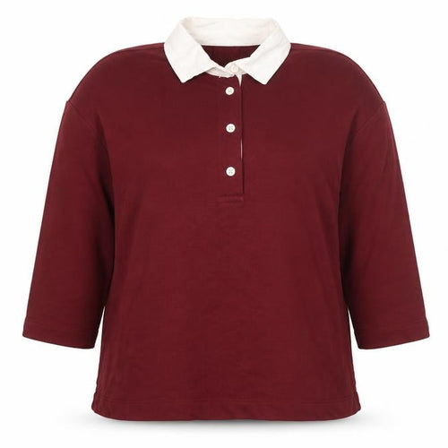 Savida Women Red Polo Collared 3/4 Sleeve Cotton Blend Top Size L