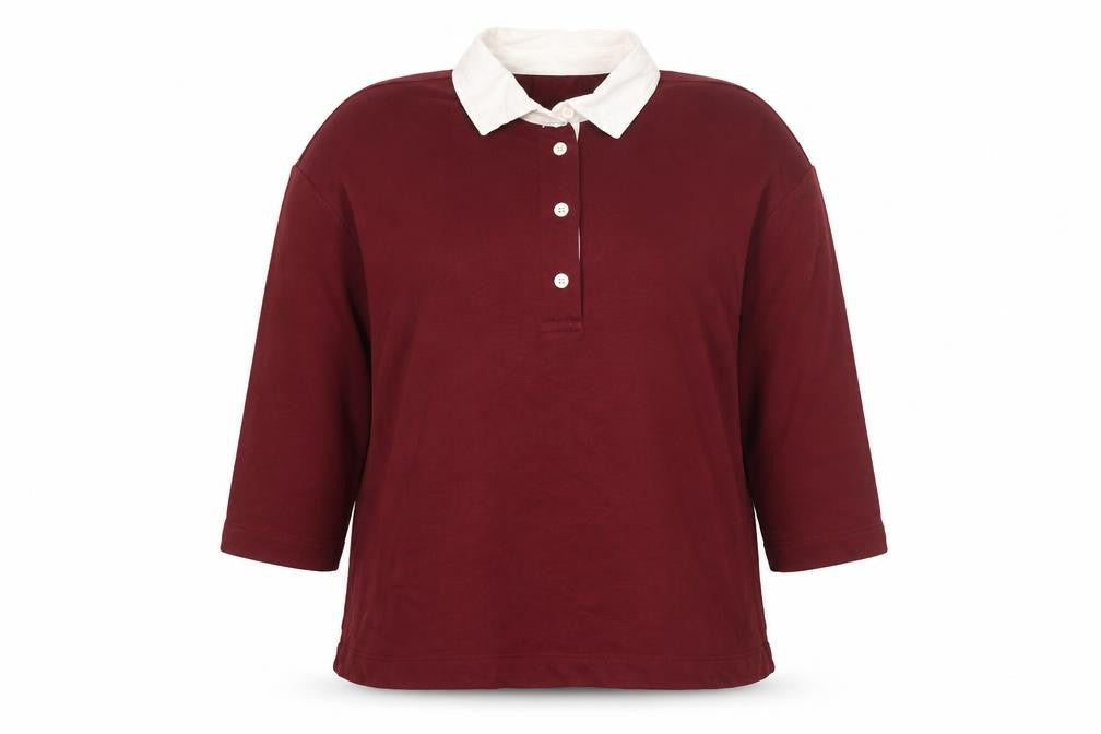 Savida Women Red Polo Collared 3/4 Sleeve Cotton Blend Top Size L