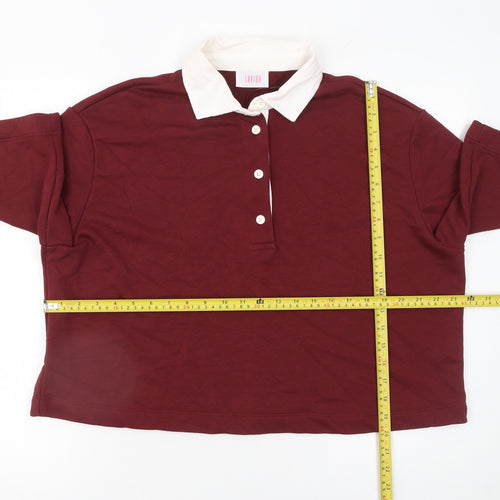 Savida Women Red Polo Collared 3/4 Sleeve Cotton Blend Top Size L