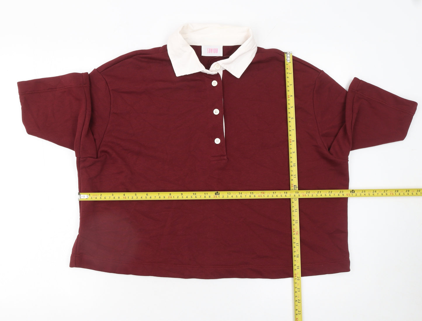 Savida Women Red Polo Collared 3/4 Sleeve Cotton Blend Top Size L